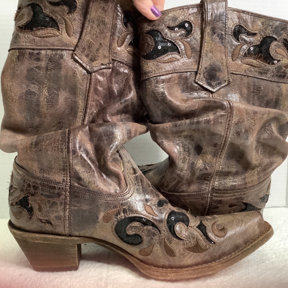 Corral boots brown/camel/tobacco leather sequins slouch‎ western cowboy boots - Picture 17 of 17